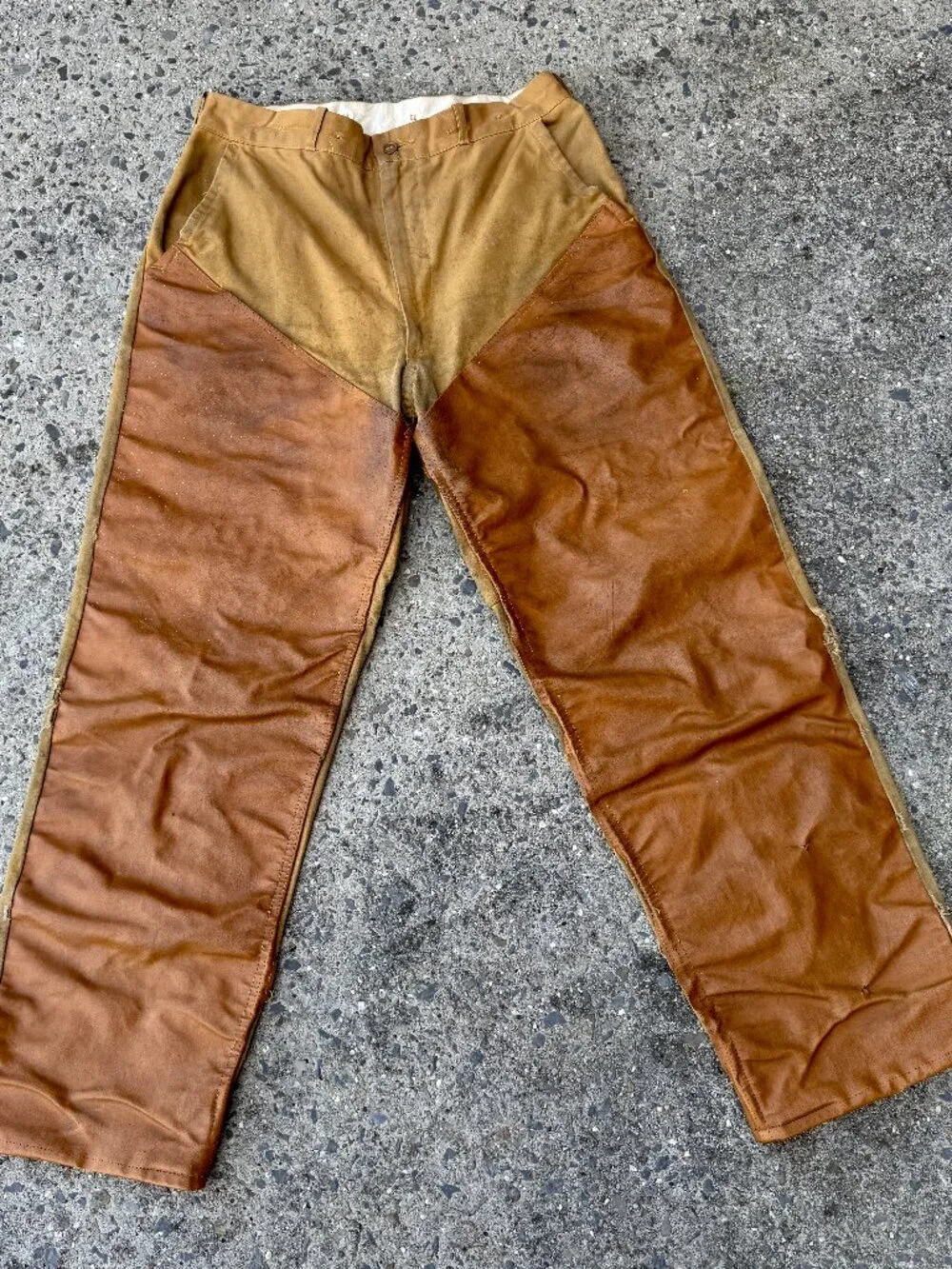 VTG 60s Drybak Hunting Pants Brown Thrashed Heavy Canvas Briar Brush Guard Sz 30